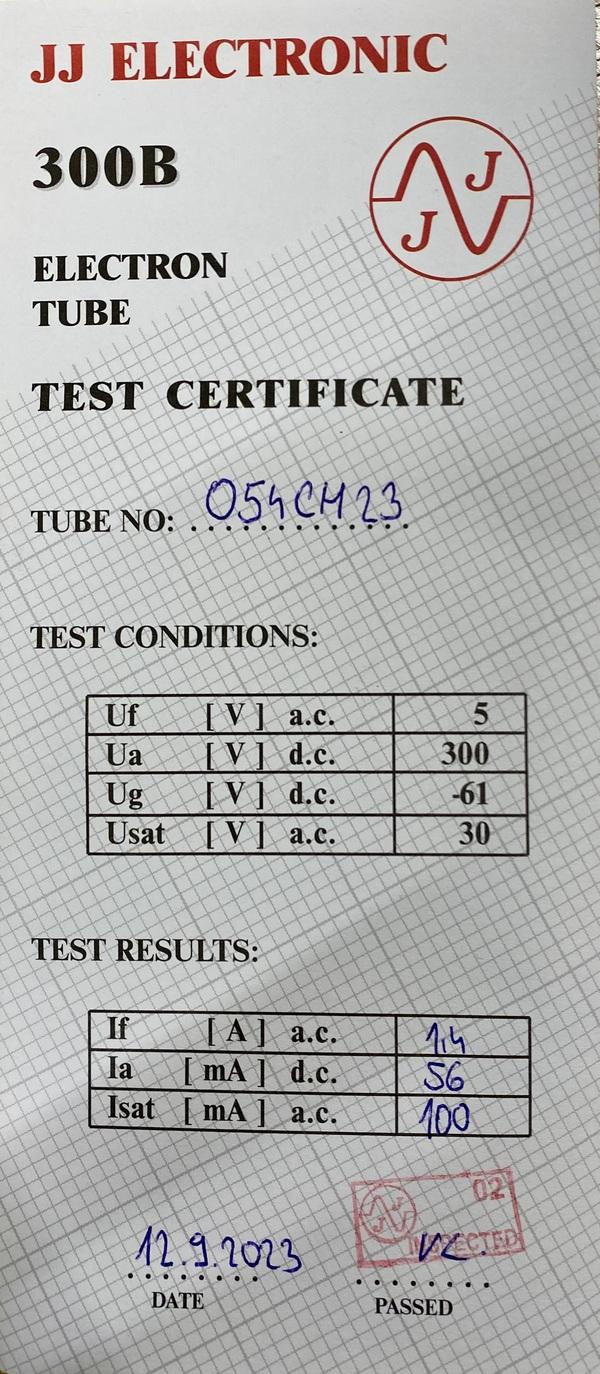 JJ 300B test Certificate example image