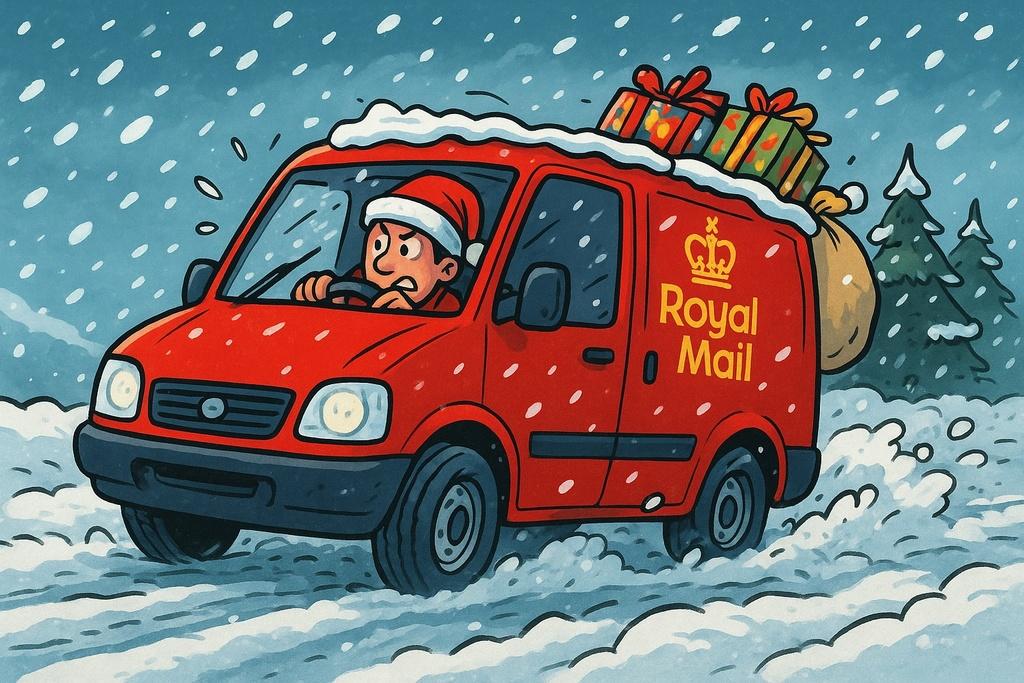 Royal Mail cartoon van in the snow